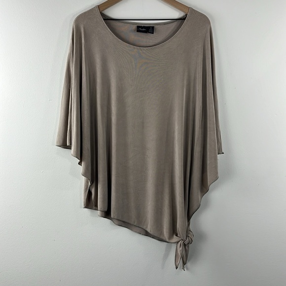 Chicos Travelers Slinky Beige Asymmetrical Tie Waist Dolman Sleeve Top Size M - Picture 2 of 13